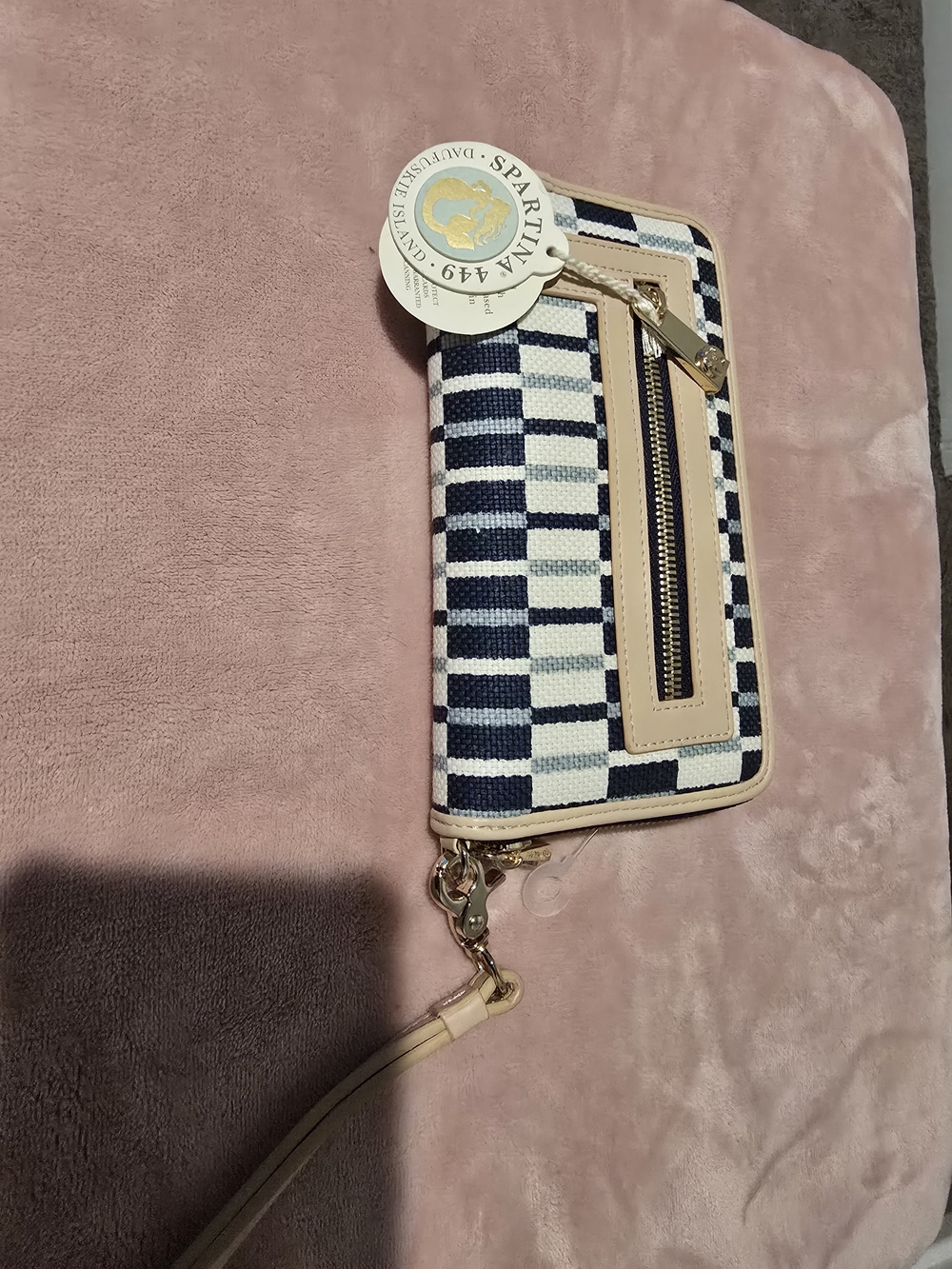 Spartina 449 Navy and Cream Striped Wristlet with Gold Hardware